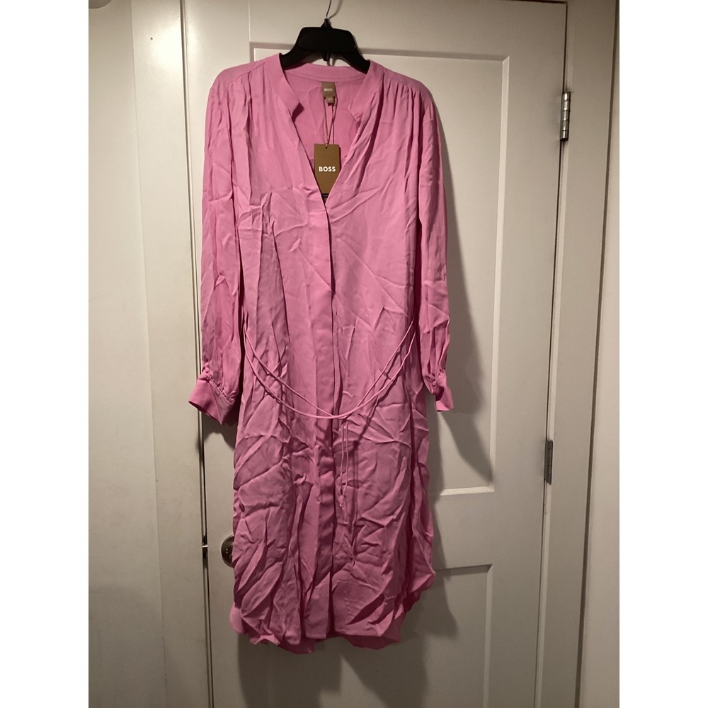 BOSS Hugo Boss Pink Long Sleeve Midi Shirt Dress Tie Waist NEW